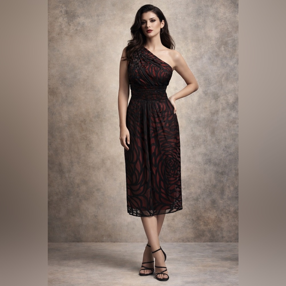 Le Chateau One-Shoulder Black Red Midi Silk Evening Cocktail Prom Formal Dress - Picture 10 of 16